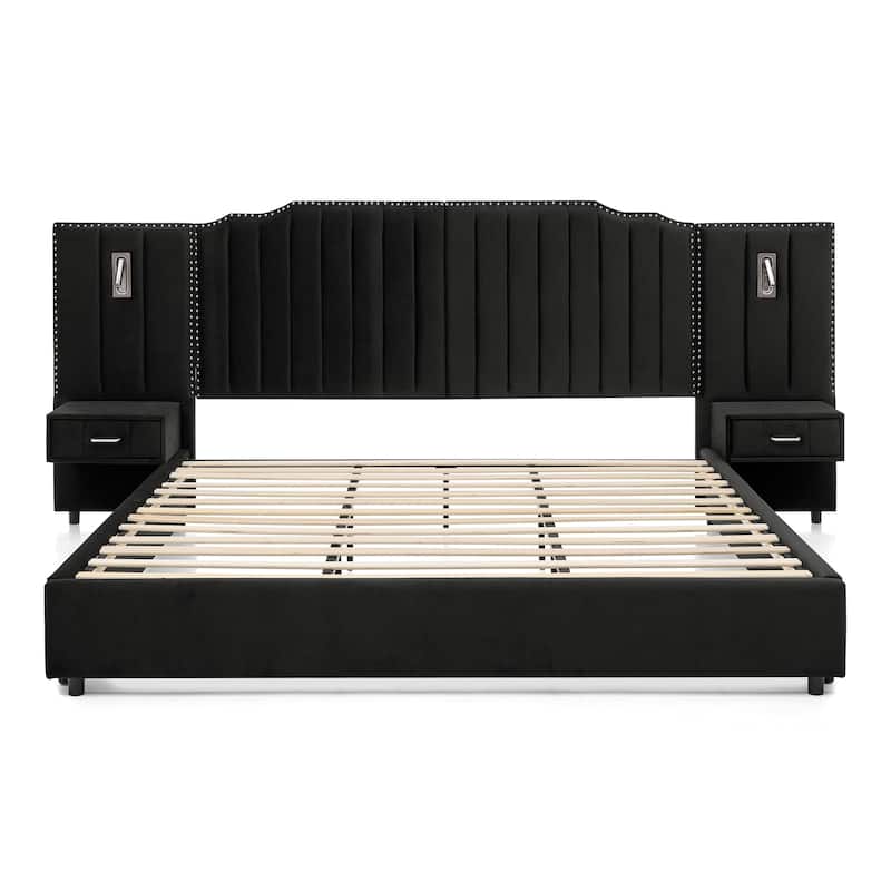 King Upholstered Wingback Platform Bed Frame with Vertical Stripe Enlarged Headboard, Adjustable Lamps & Integrated Nightstand