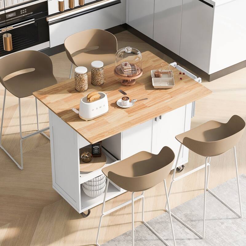 Space-Saving Kitchen Island with Foldable Countertop, Rolling Cart on Wheels, Towel Rack, Drawer & Slide-Out Shelf - White