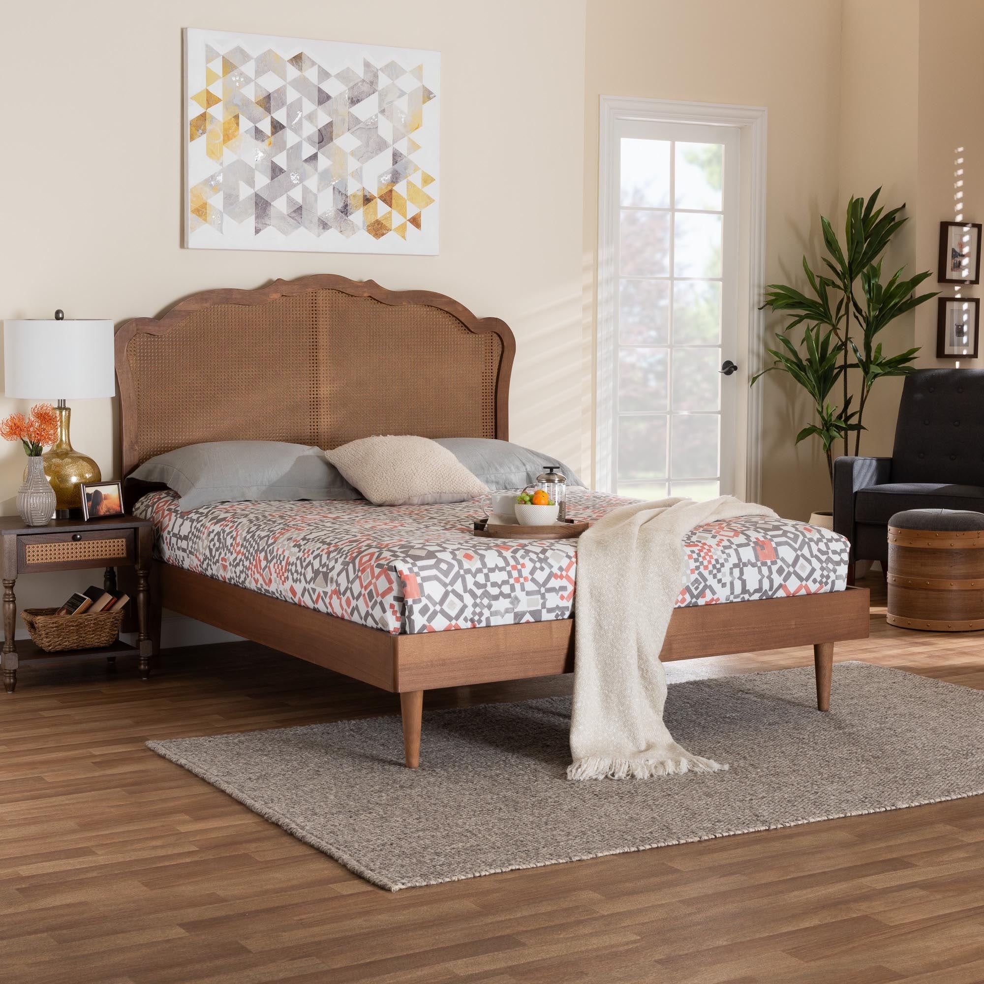 Camden Mid-Century Walnut Brown Wood and Rattan Platform Bed