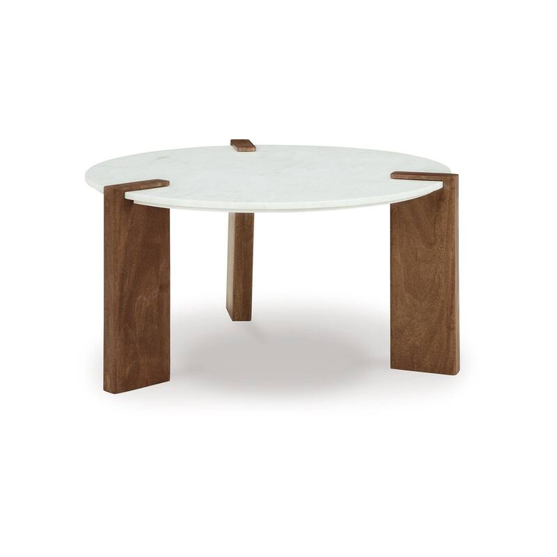 Wrenn Cocktail Coffee Table, White Marble, 33 Inch Brown Mango Wood