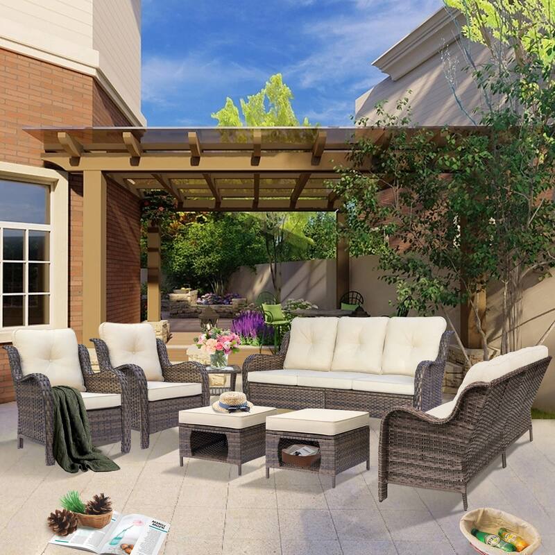 Wicker Outdoor Patio Furniture Seating Sofa Set with Storage Ottomans - 7 Piece - Beige