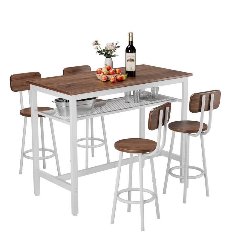5-Piece Pub Table Set with Shelf Storage & 4 Stools, Multi-Functional Corner Bar Table Set with Backrest Stools