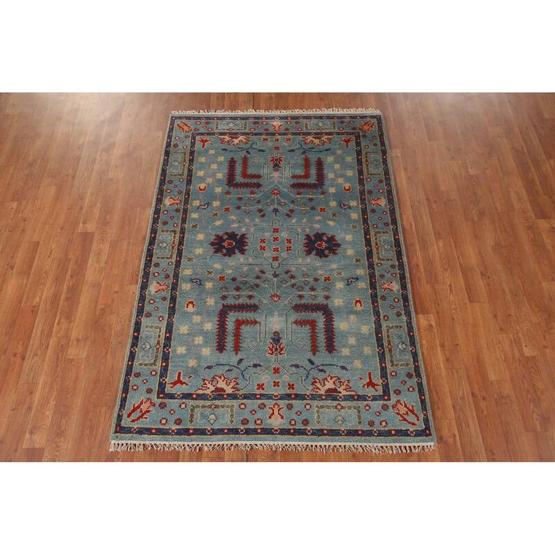 Light Blue Oushak Accent Rug Hand-Knotted Wool Carpet - 4'0"x 5'11"