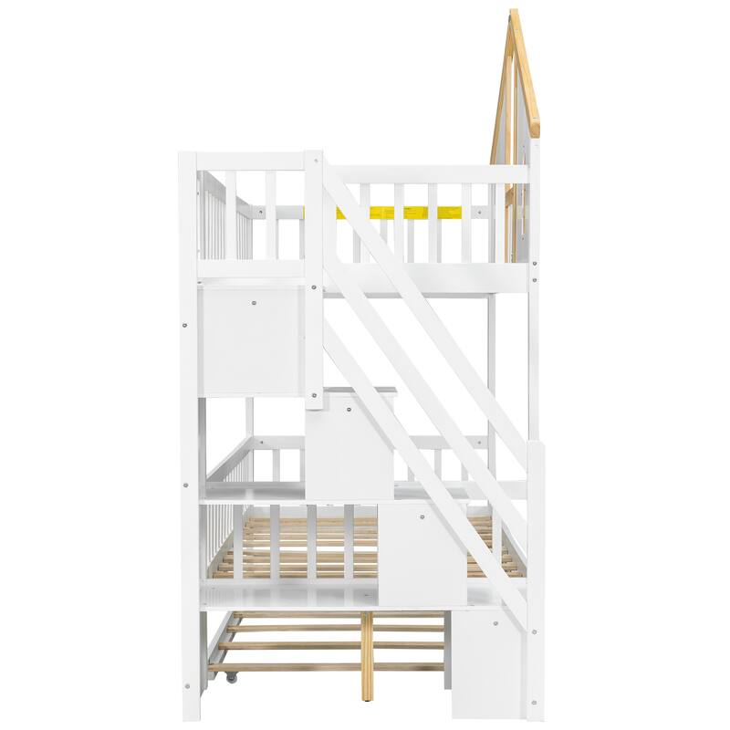 Fairytale Bunk Bed with Window Door House-shaped Roof Frame and Storage Staircase, Optional with Storage Drawers or Trundle Bed