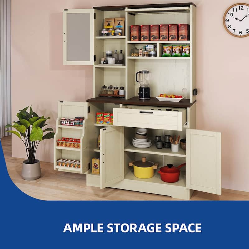 Moasis Farmhouse Kitchen Food Pantry Cabinet Kitchen Storage Cabinet with Adjustable Shelve And Built-In Charge Station
