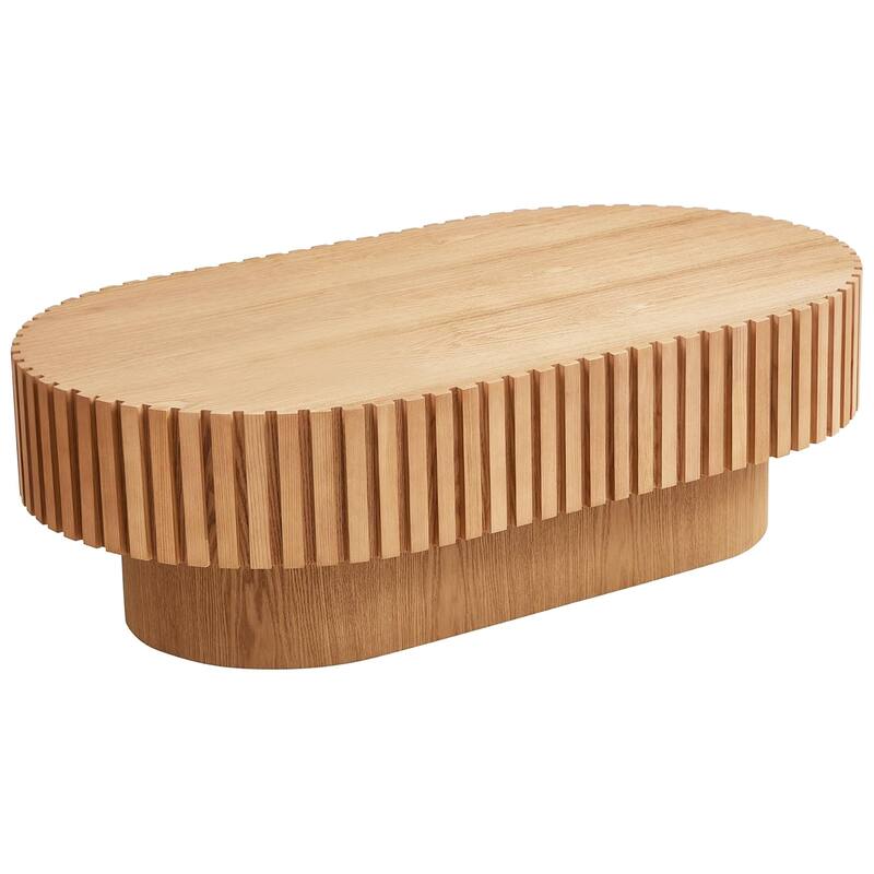 43.1"Oval Coffee Table,Mid Century Modern Fluted Coffee Table with Pedestal, Classic Wood Coffee Table for Living Room