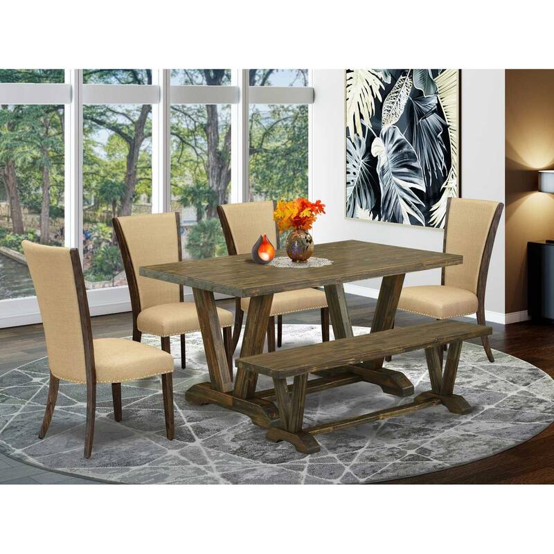 HomeStock 6-Piece Rectangle Distressed Jacobean Finish Solid Wood Top Dining Table with 1-Bench, 4-Chairs