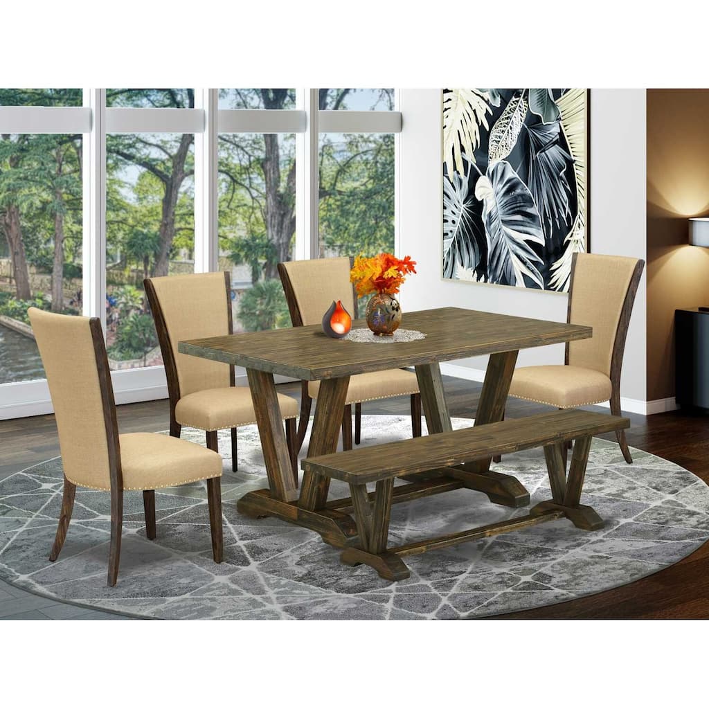 HomeStock 6-Piece Rectangle Distressed Jacobean Finish Solid Wood Top Dining Table with 1-Bench, 4-Chairs