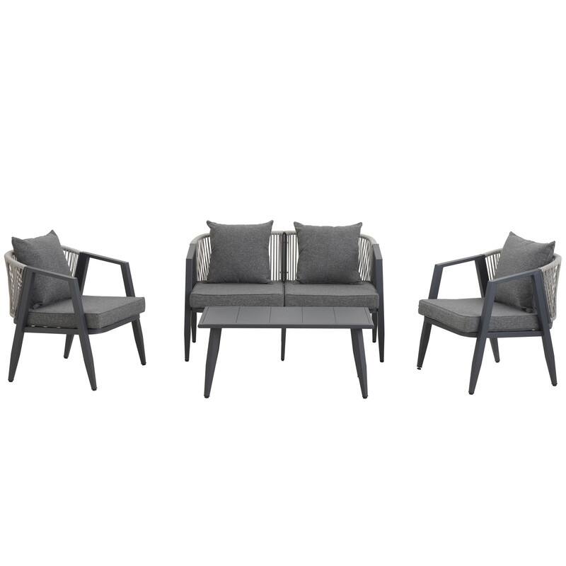 4-Piece Outdoor Patio Set, Iron Conversation Set with Table and Cushions for Garden, Poolside