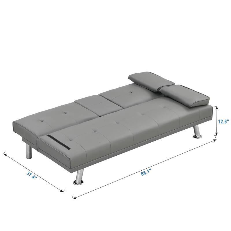 Grey Leather Sofa Bed with Armrest, Multifunctional and Easy Assembly