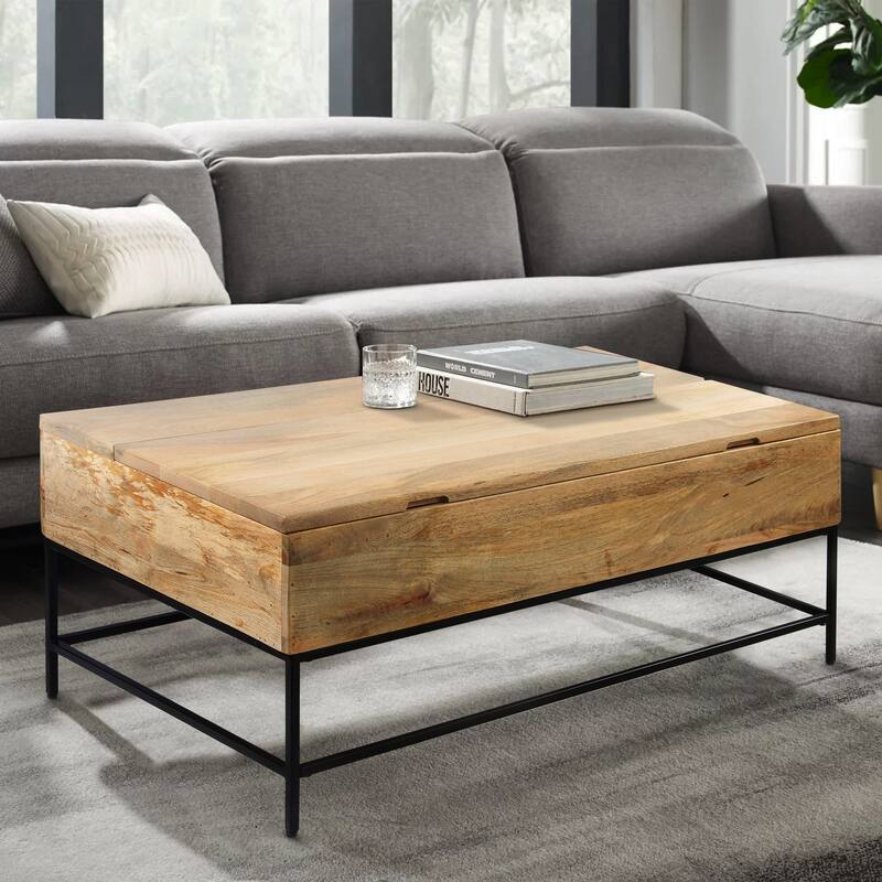 Audrey 45 inch Lift Top Mango Wood Rectangular Coffee Table - Wood and Metal, Natural Brown and Black - Brown - Wood/Iron