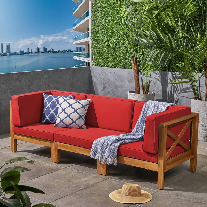 Brava Outdoor Cushioned Acacia Wood Sofa by Christopher Knight Home
