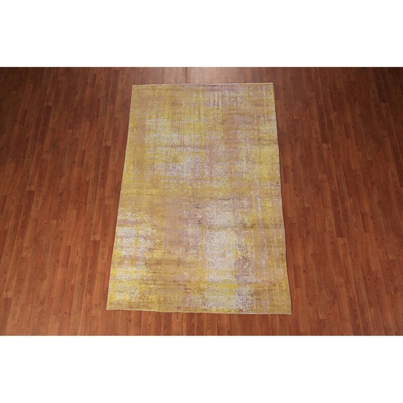 Contemporary Indian Area Rug Handmade Abstract Yellow Wool Carpet - 5'0" x 7'11"