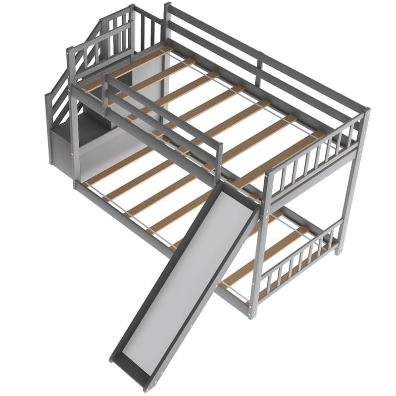 Twin Over Twin Floor Bunk Bed with Slide, Stairway with Storage