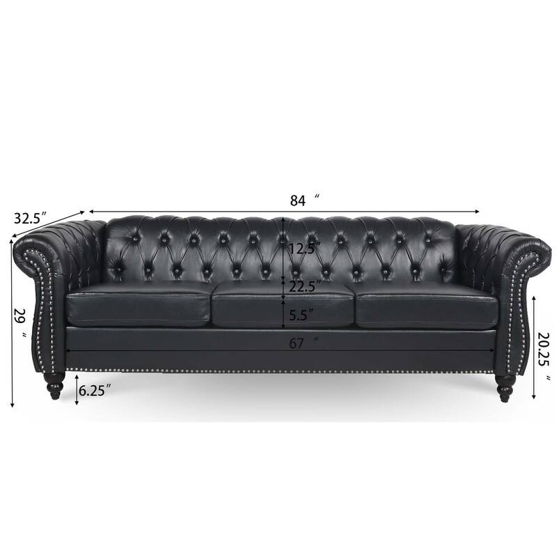 PU Leather Seat Cushions Three Seater Sofa, Traditional Rolled Arm Chesterfield Sofa On Sale