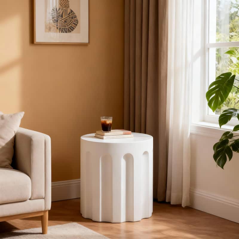 Christopher Knight Home - 15.75'' Modern Cylindrical Concrete Accent Side Table with Vertical Groove Design - White