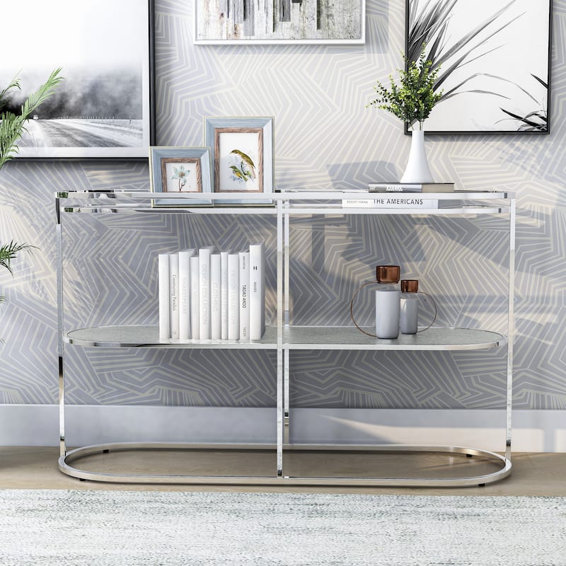 Taylaa Glam Chrome 48-inch Glass Top 1-Shelf Sofa Table by Furniture of America - Waterfall Mirror