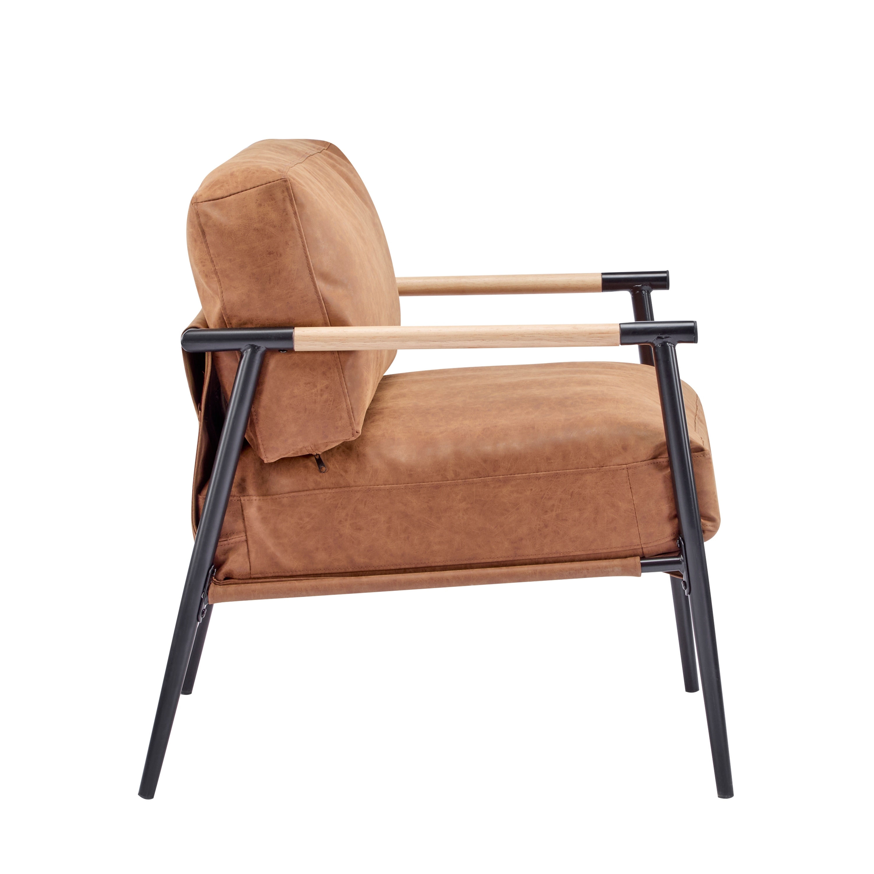 PU Leather Accent Chair with Wooden Armrests and Metal Frame