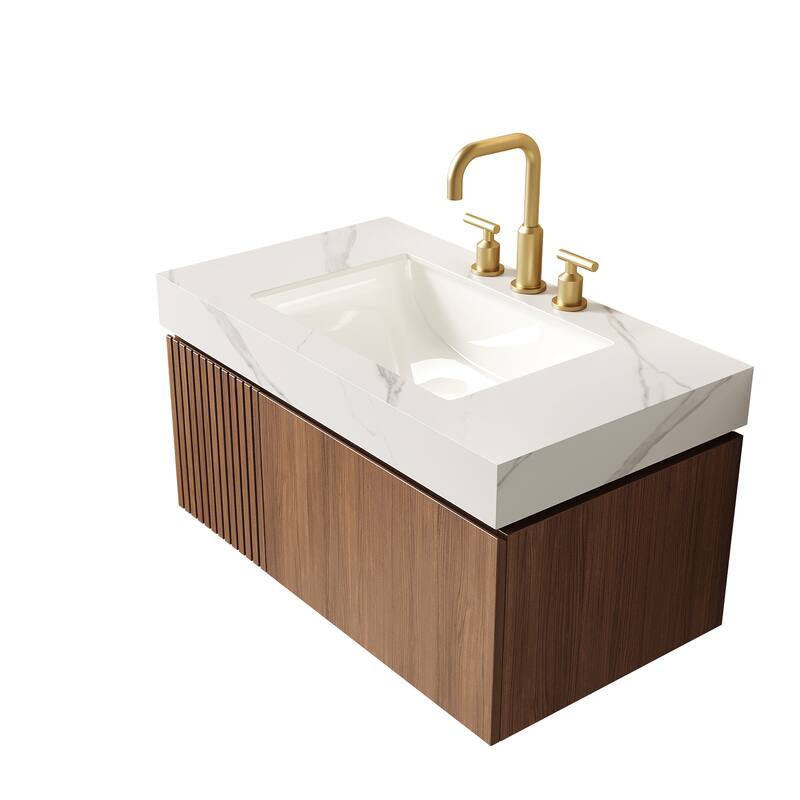 36" Floating Bathroom Vanity & Sink - Plywood Cabinet with Drawer, Stone Top & Ceramic Basin, Pre-Assembled