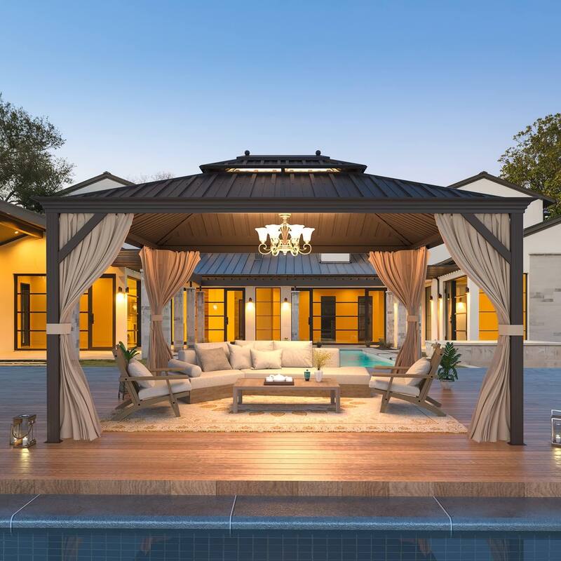 Outdoor Pro Series Galvanized Steel Hardtop Patio Gazebo Pergola w/Aluminum Frame, Prime Curtains and nettings include