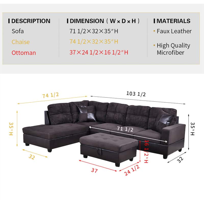 3-Pieces Sectional Sofa Set,Left Facing,Espresso Microfiber(105A)