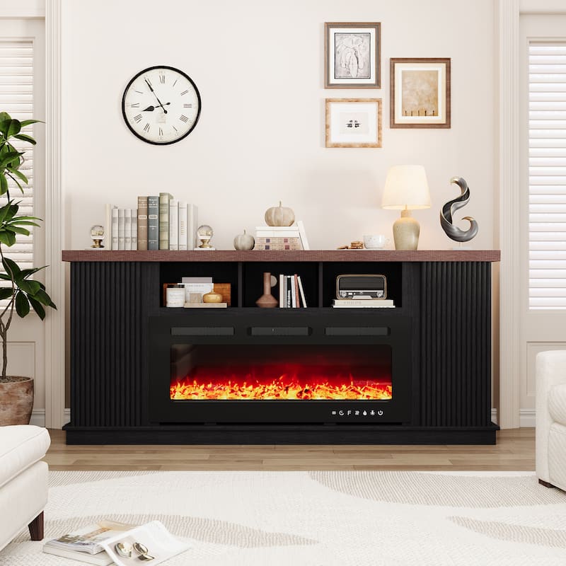 Erommy 70" TV Stand with Electric Fireplace Heater, Media Entertainment Center Console for TVs up to 80" with Storage Cabinet