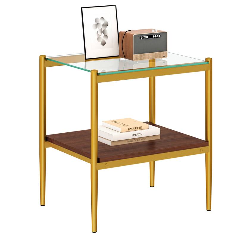 Set of 2 Rectangle End Table, Tempered Glass Tabletop with MDF layer, Modern Table for Living Room, Transparent Glass