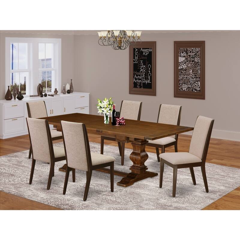 7-Piece Dining Set - Linen Fabric Parsons Chairs & Mid Century Table - Antique Walnut Finish - 92