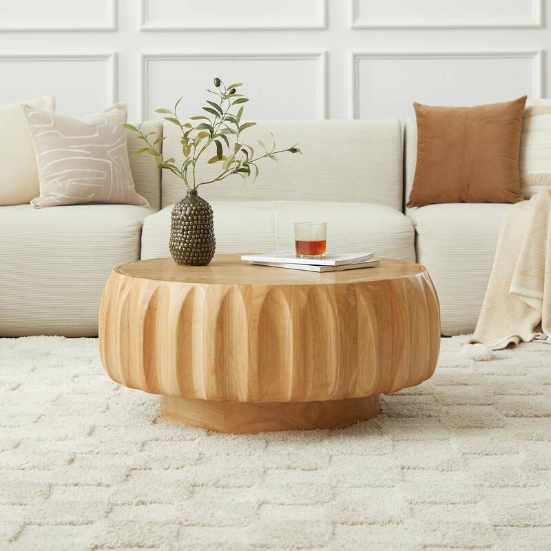 Round Coffee Table, Drum Coffee Table Contemporary Wood Round Coffee Table with Fluted Centry Table