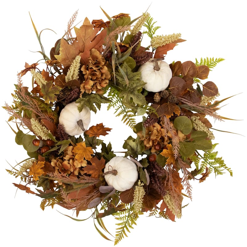Pumpkins and Leaves Artificial Fall Harvest Wreath - 26" - Unlit