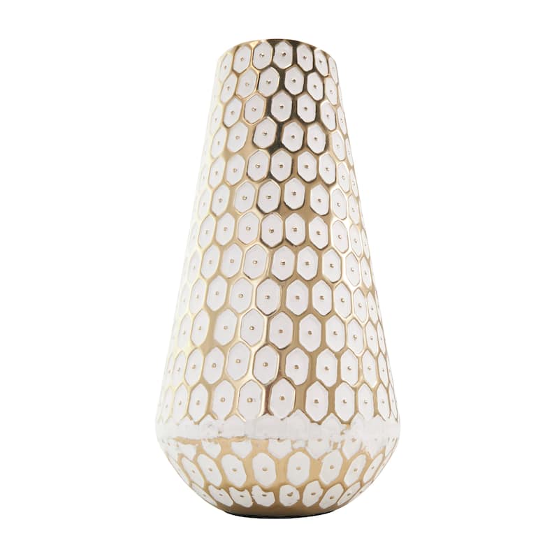 Gold Metal Geometric Dot Geometric Decorative Vase with White Accents