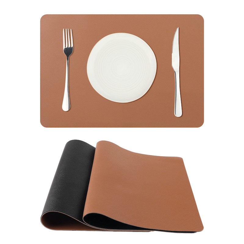 Placemats Set of 2, Faux Leather Kitchen Table Mats Place Mats - 17x12 inch - Brown Black