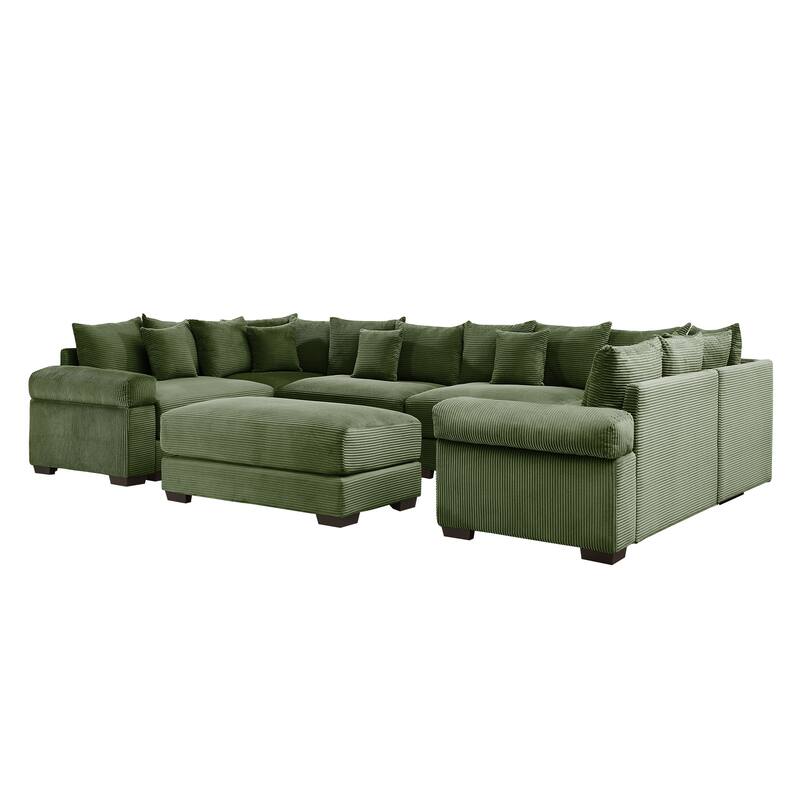 GDFStudio - Corduroy U-Shaped 6-Seater 137.7" Cloud Modular Sectional Couch with Ottoman