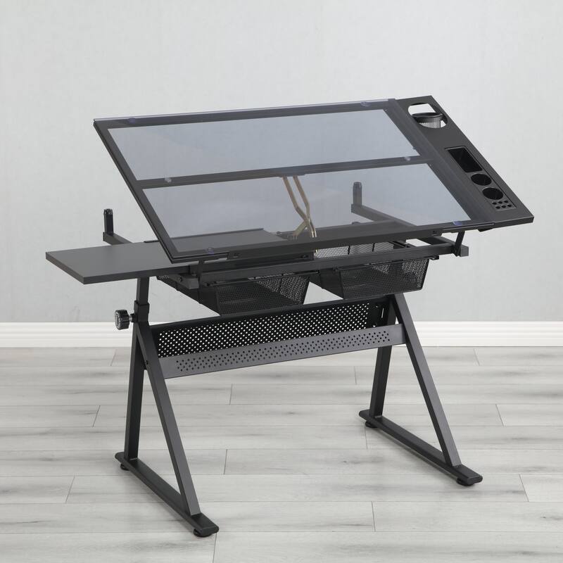 adjustable tempered glass drafting printing table with chair