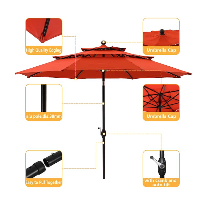Clihome 10FT 3-Tiers Vented Round Market Umbrella with Crank Lift
