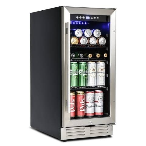 15" Mini Beverage Refrigerator/Wine Cabinet, 120 Cans, 34-65°F, Quiet, Adjustable Shelves,Double Glass Door, Kitchen/Bar /office