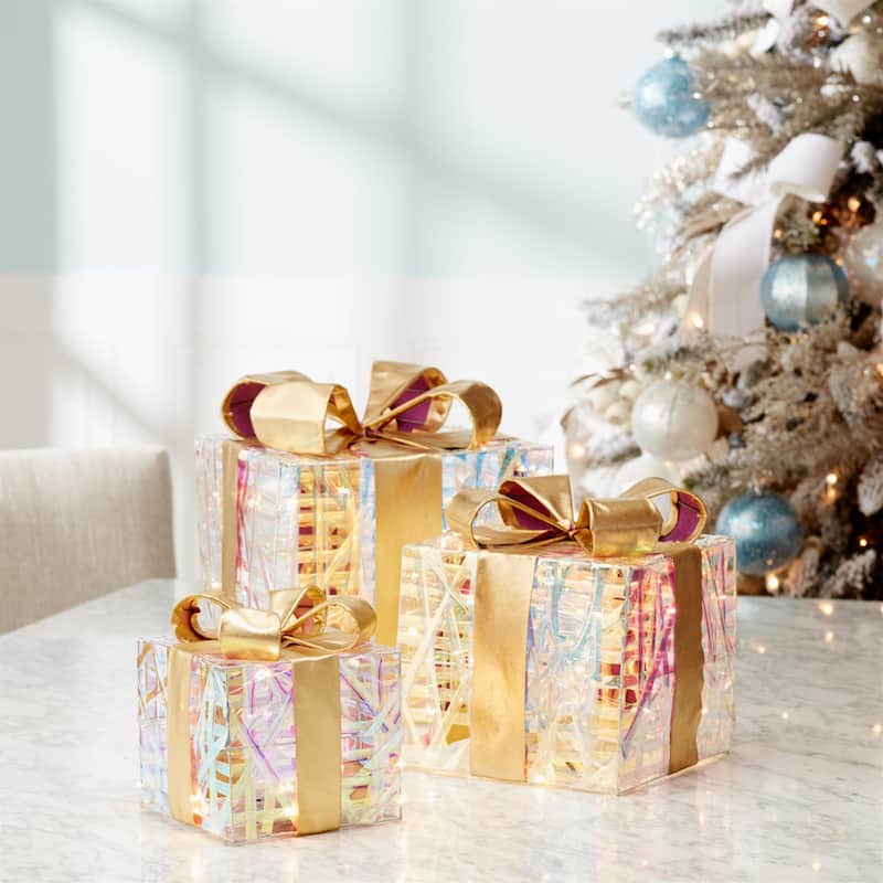 LED Lighted Woven Package with Bow Christmas Decorations - 11.5" - Set of 3