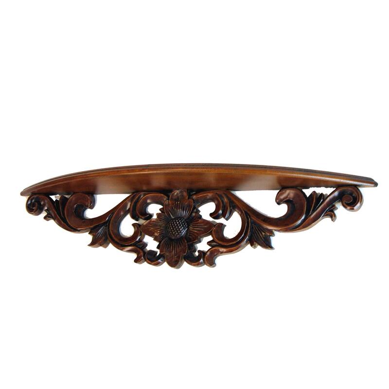 Hand Carved Wooden Moonbay Wall Shelf in Floral Design, Brown