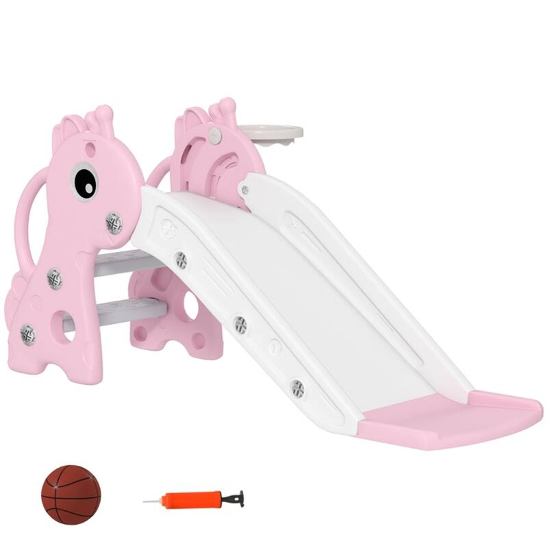 HDPE Kids Outdoor Slide with Ladder and Hoop for Playroom, Living Room and Nursery Room - 41.7" L x 20.3" W x 20.5" H - Pink-White