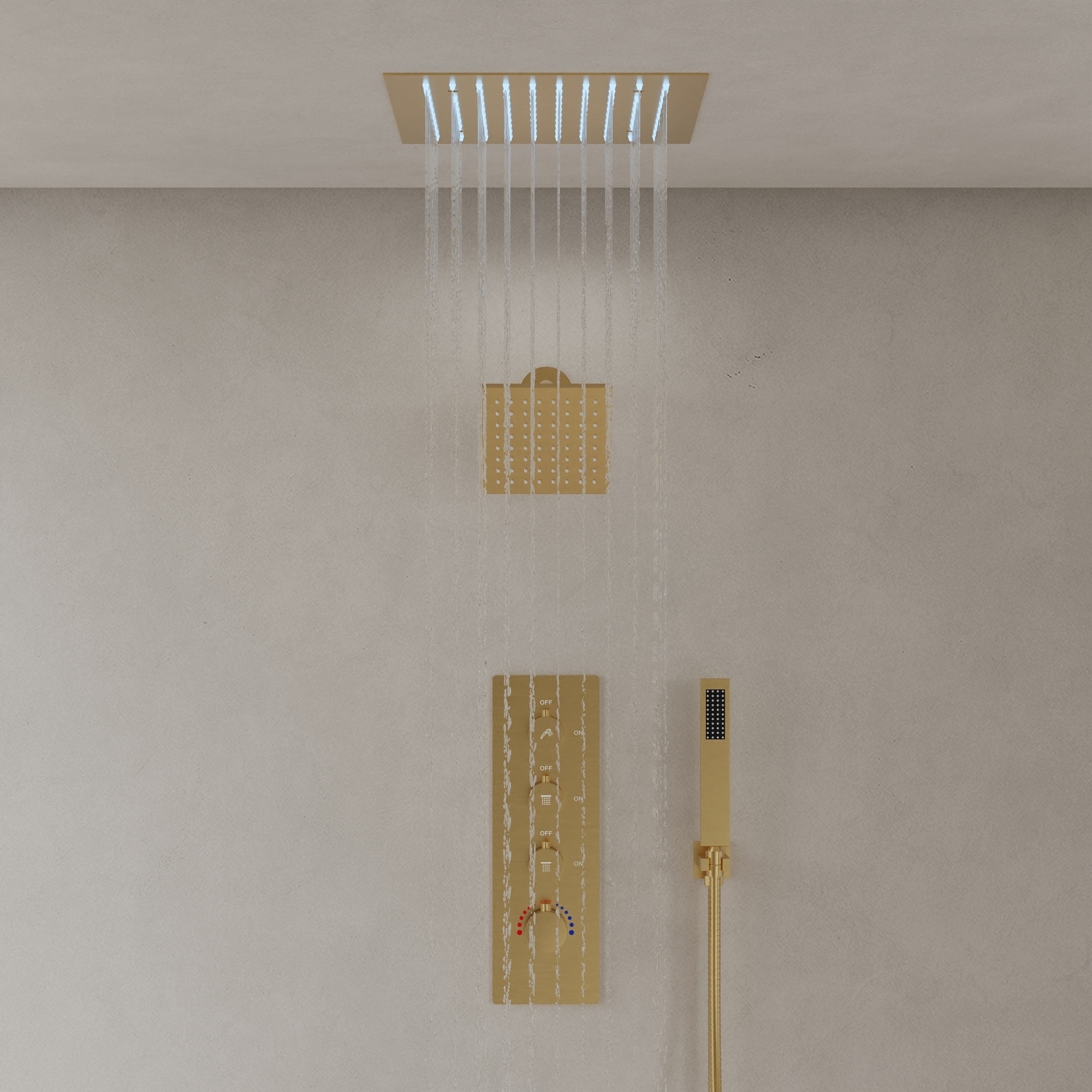 GRANDJOY Shower System 12 inch Ceiling and 6 inch Wall Mount Rainfall Dual Shower Heads with LED Handheld Spray Thermostatic