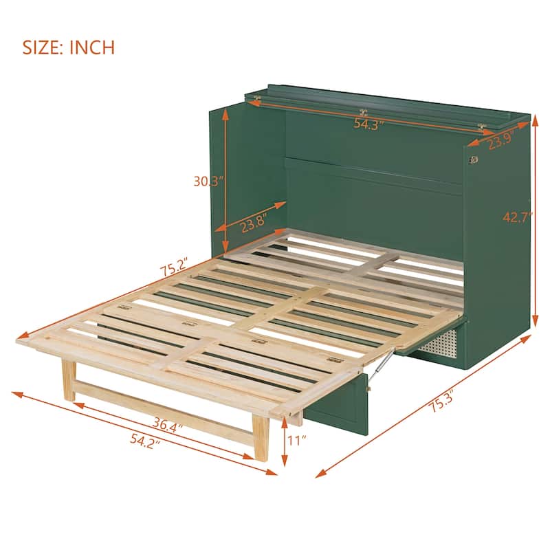 Full Size Wooden Murphy Bed with Large Drawers