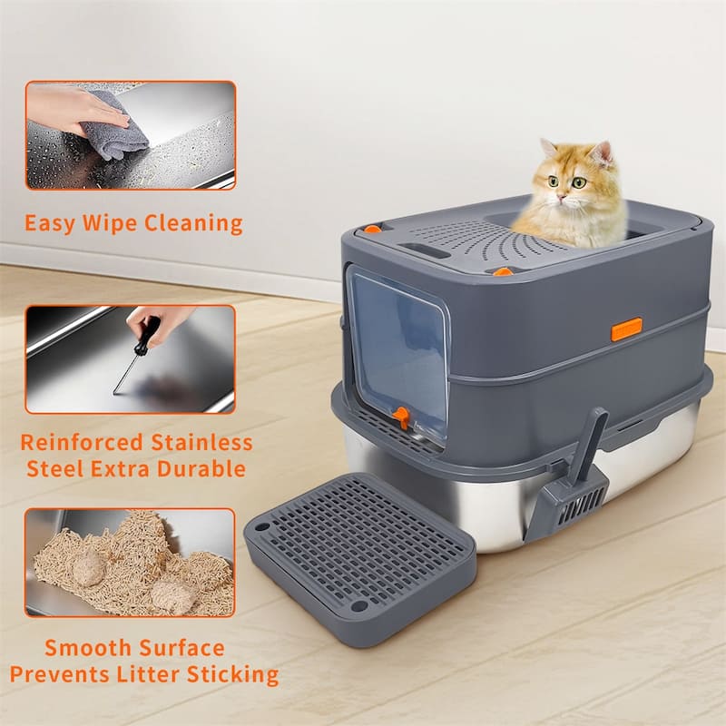 Full Enclosed Stainless Steel Cat Litter Box with Lid