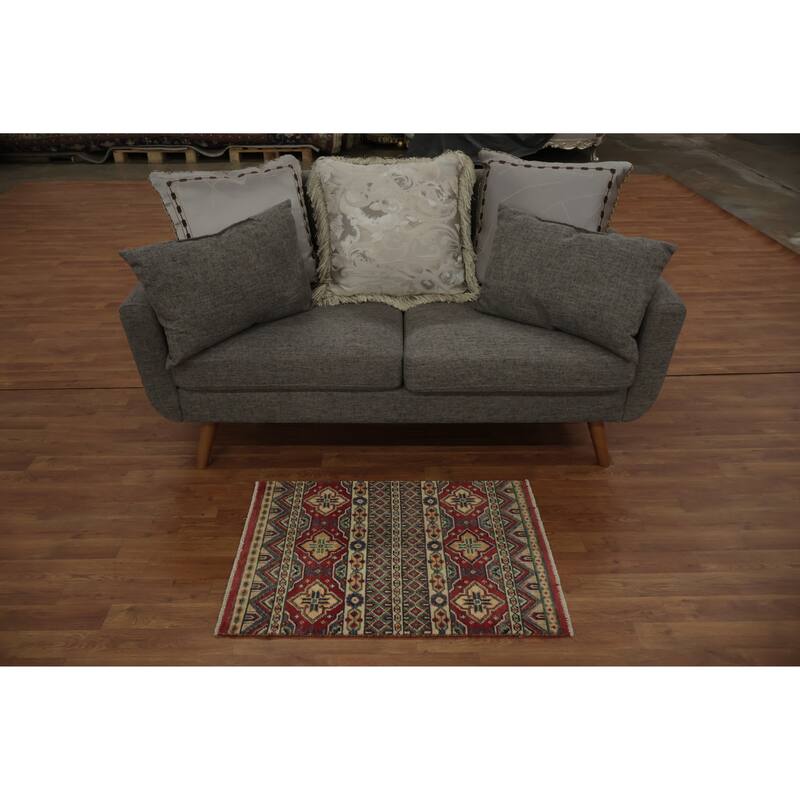 Hand Knotted Oriental 100% Wool Carpet Traditional Geometric Red Kazak Area Rug - 2' 11'' X 2' 0''