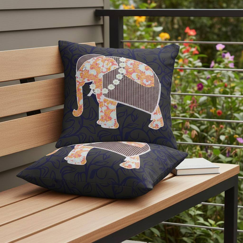 HomeRoots Set of Two 16" X 16" Blue and Green Elephant Blown Seam Floral Indoor Outdoor Throw Pillow - 16.00' X '16.00' X '5.00