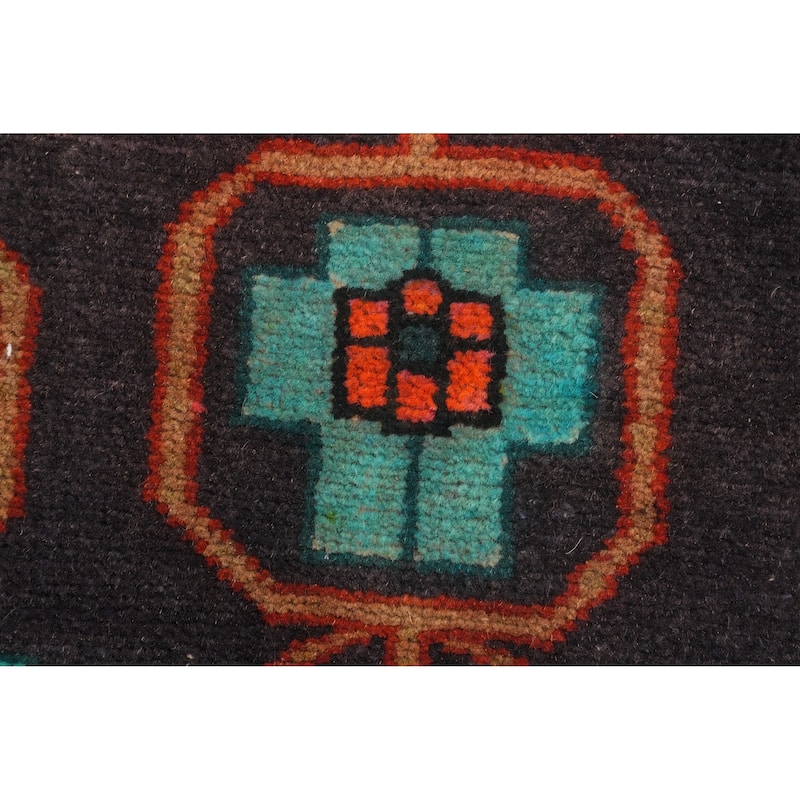 Hand Knotted Oriental 100% Wool Carpet Traditional Geometric Navy Blue & Blues Ardebil Runner Rug - 9' 6'' X 3' 5''