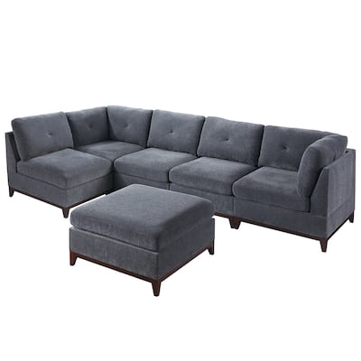 6 Piece Chenille Fabric Modular Sectional Sofa and Ottoman Set