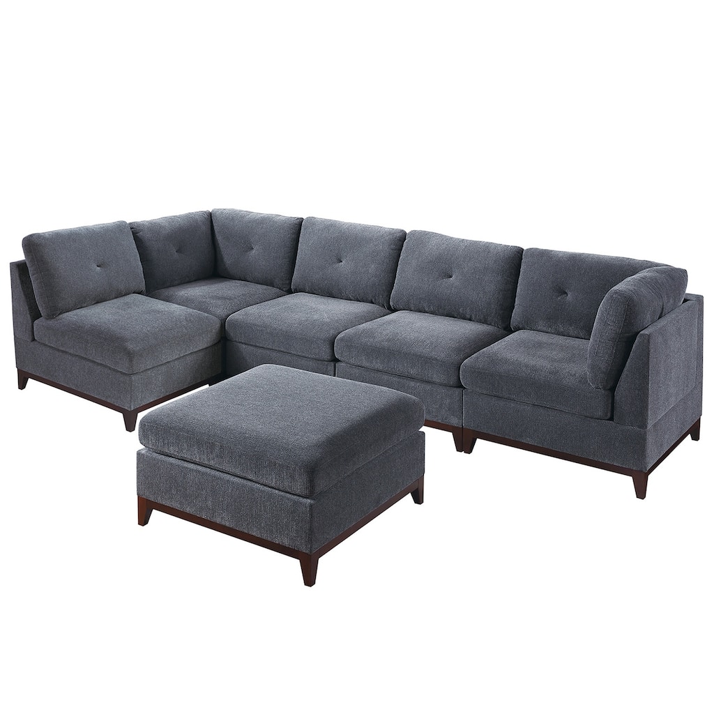6 Piece Chenille Fabric Modular Sectional Sofa and Ottoman Set