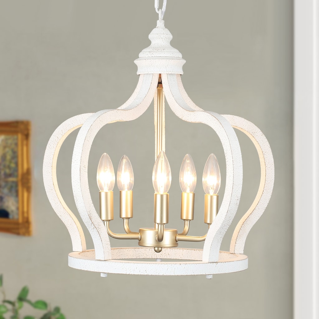 5-Light Rustic Crown Wood Ceiling Light Farmhouse Shabby Chic Chandelier, Bohemian Chandelier for Living Room Dining Foyer