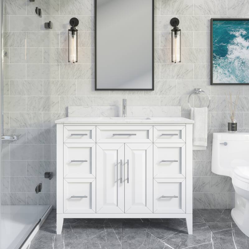 Jackson 42-inch Single Bathroom Vanity with Engineered Stone Top and Drawer Organizer - White