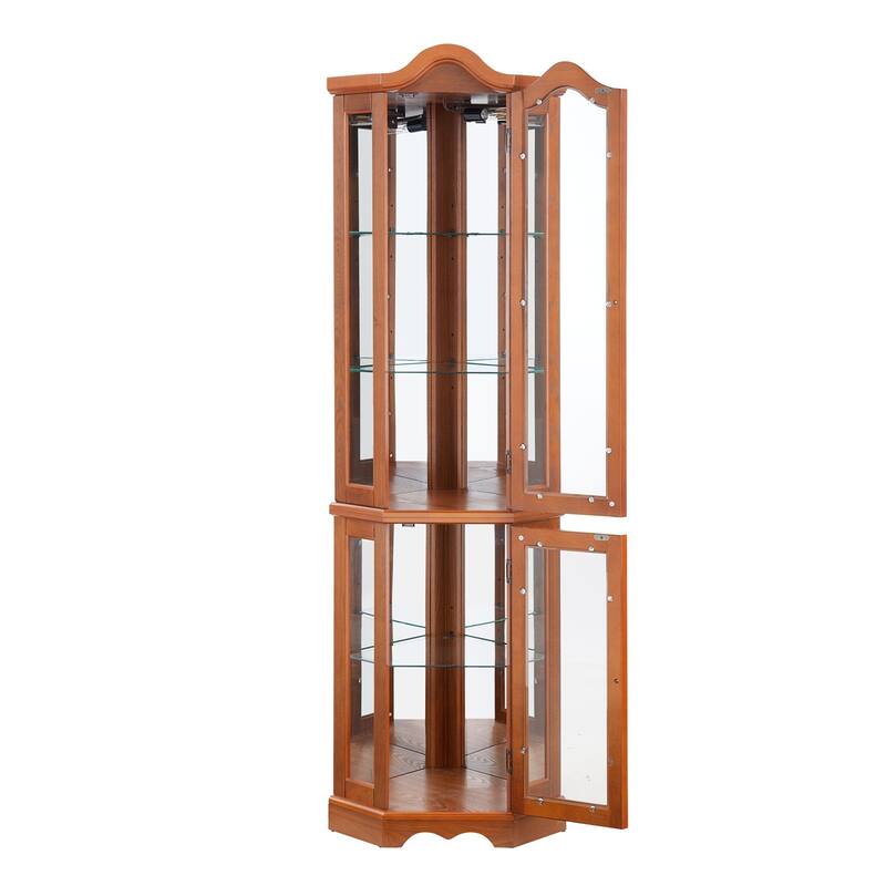 Lighted Glass Corner Display Curio Storage Cabinet with 5 Shelves, Bulb